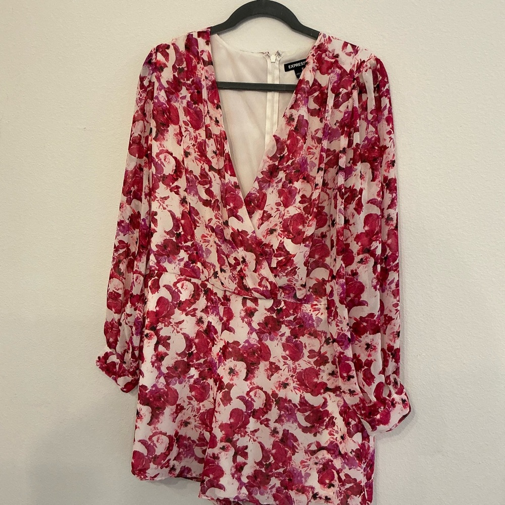 Express Pink and Red Floral Wrap Jumpsuit
